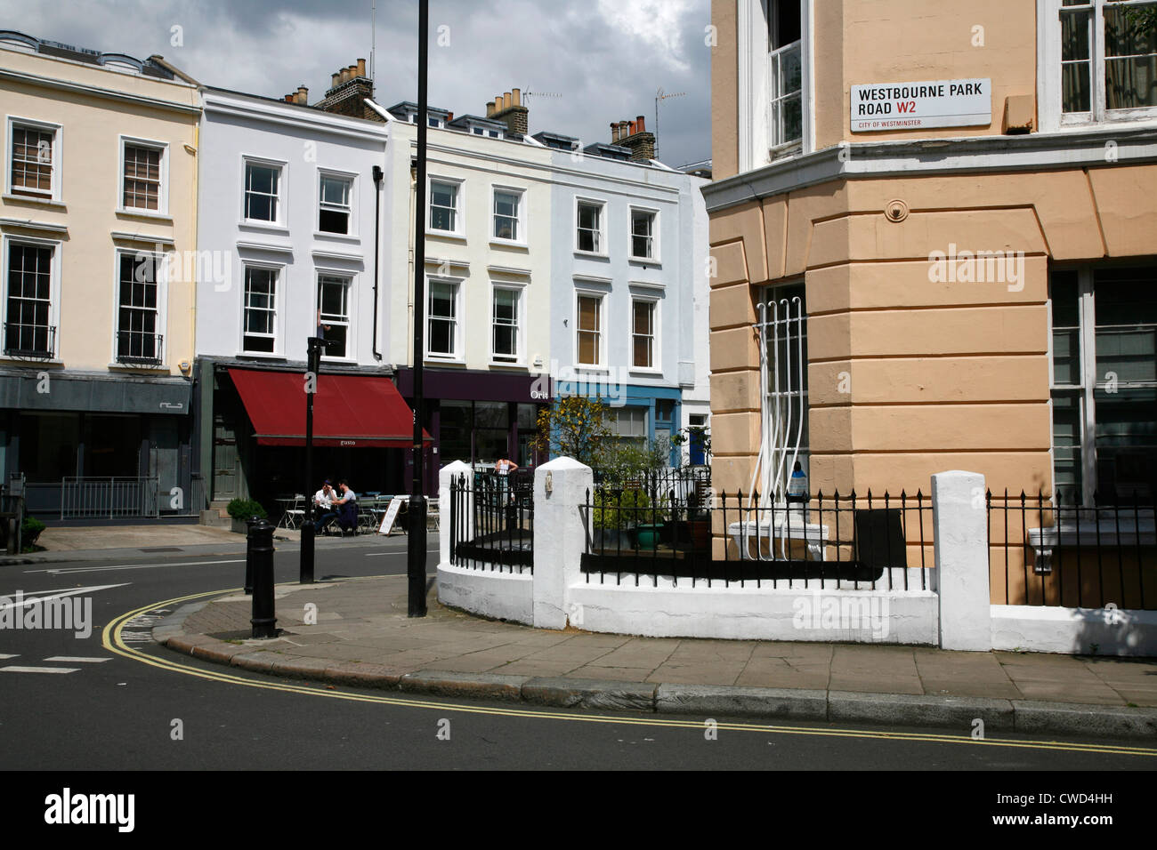 Looking across Westbourne Park Road and Westbourne Park Villas to Gusto restaurant, Notting Hill, London, UK Stock Photo