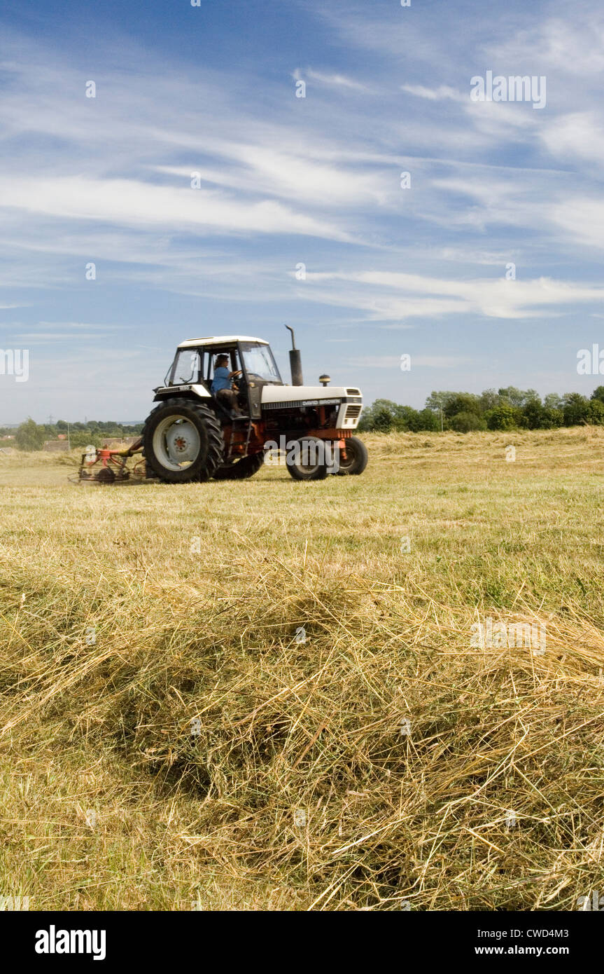 Tractor during hay making in Oxfordshire field. Stock Photo