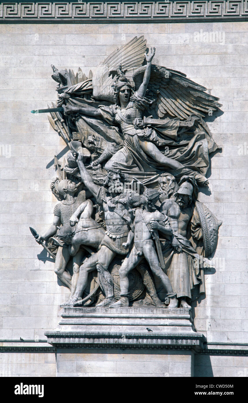 Paris France Arc De Triomphe  Close up of Detail Le Départ de 1792 - (La Marseillaise) Celebrating the Cause of the French First Republic During the 10th August Uprising - Winged Liberty above Stock Photo