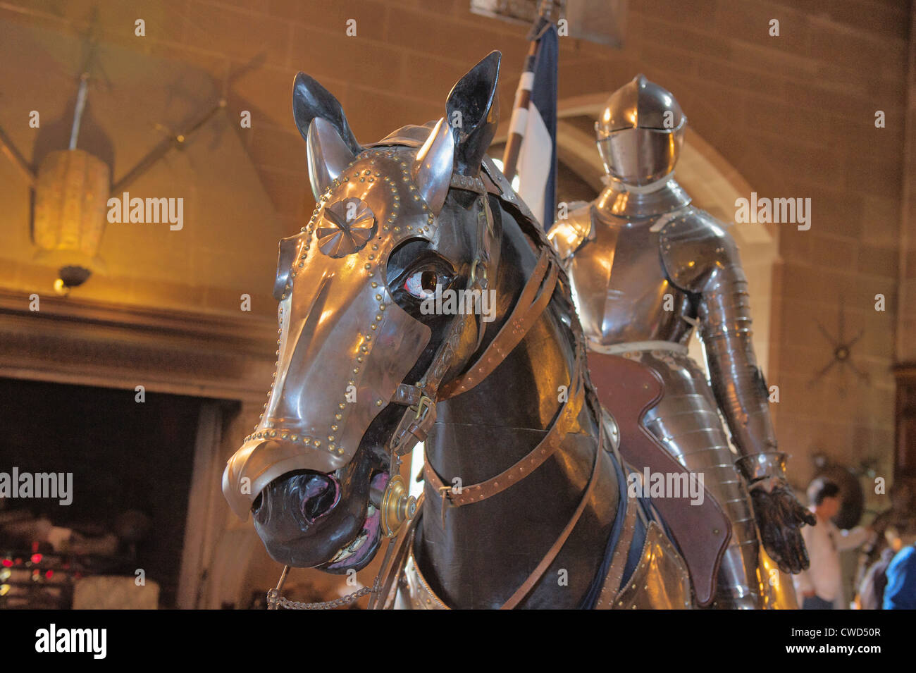 Armour for horse and rider on display in historic Warwick Castle Stock Photo