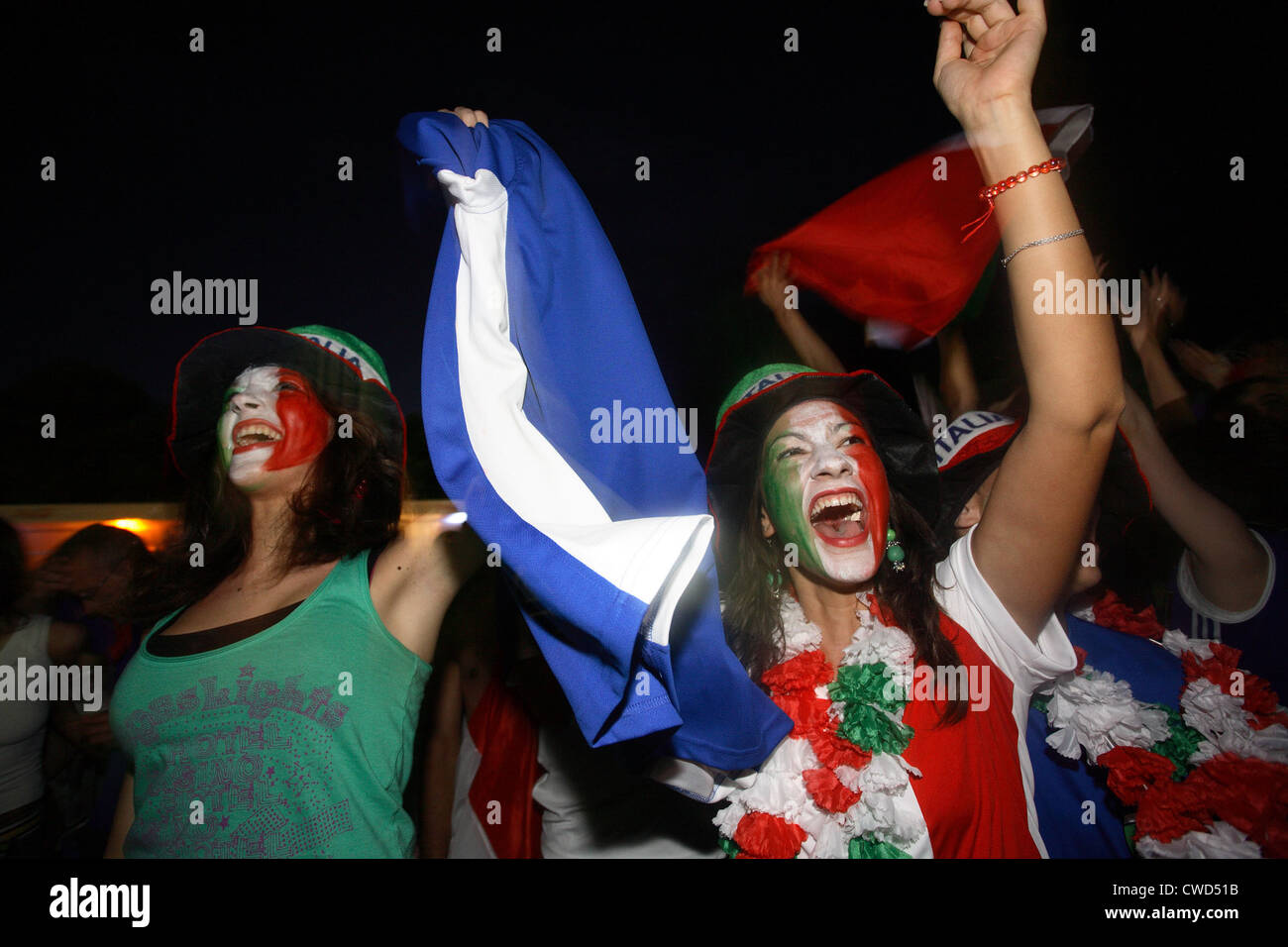 Berlin, 2006 World Cup soccer fans: Cheering Italian women with painted faces Stock Photo