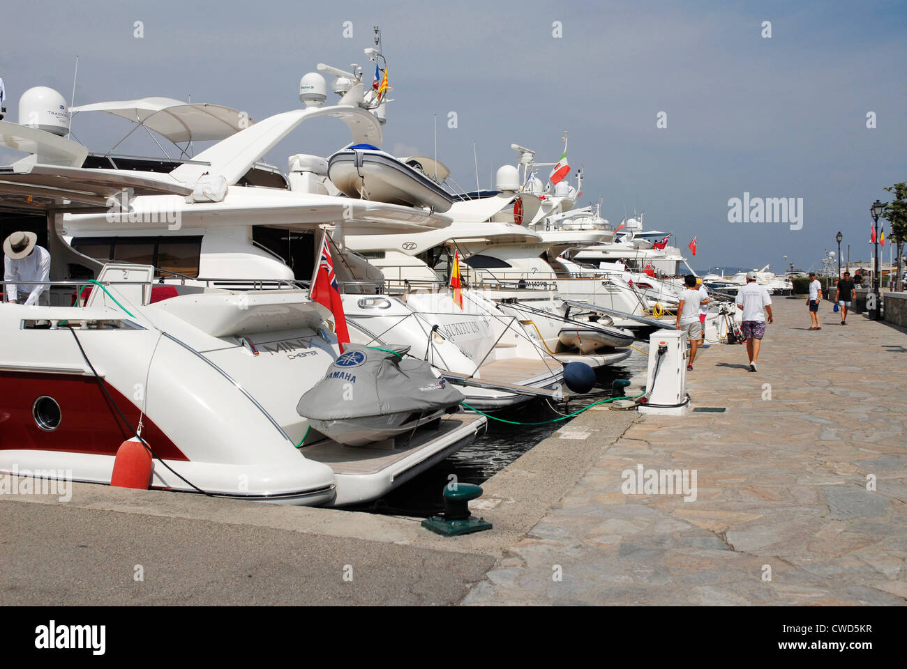 Luxury motor boats and yachts moored at Calvi in northern Corsica Stock Photo