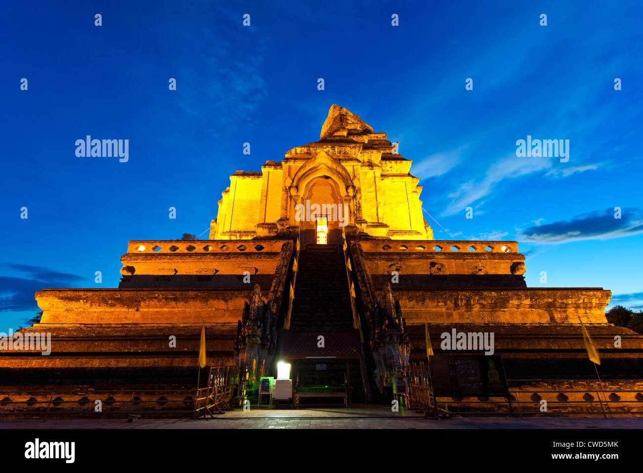 Wat Chedi Luang temple at sunset, Chiang Mai, Thailand. Stock Photo