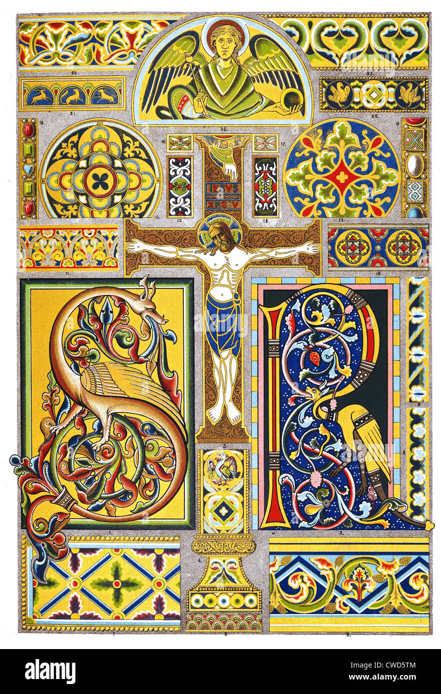 Romanesque Middle Ages manuscript illumination and enamel Stock Photo