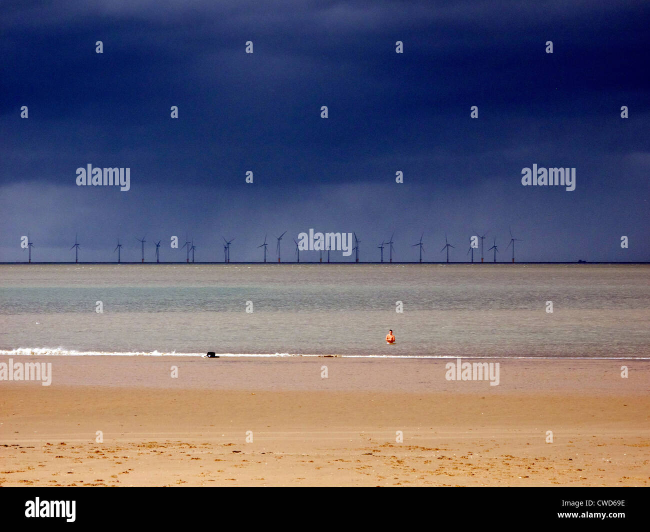 September 2011. Offshore wind farm beyond the beach at New Brighton