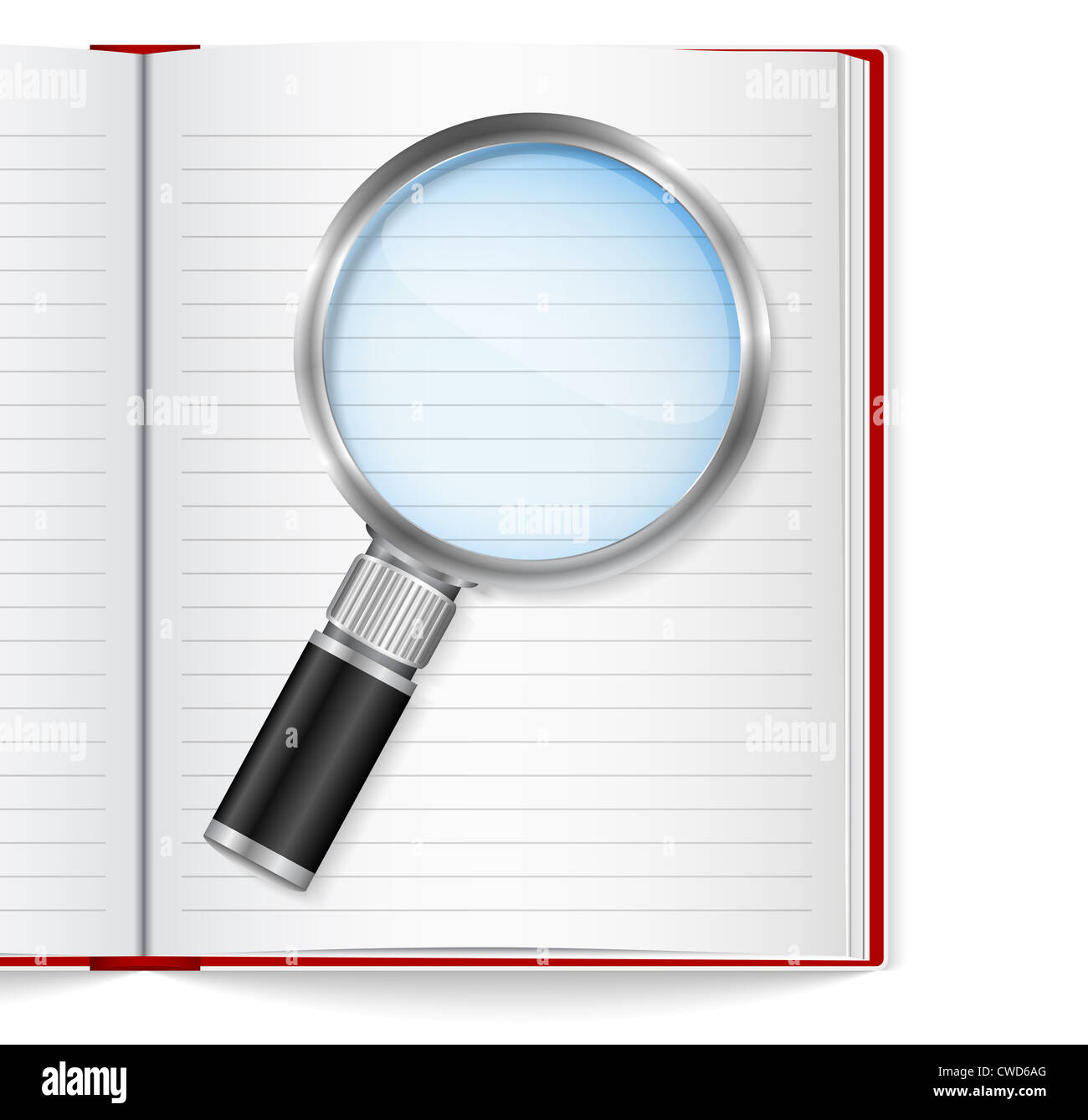 Open book with magnifying glass Stock Photo - Alamy