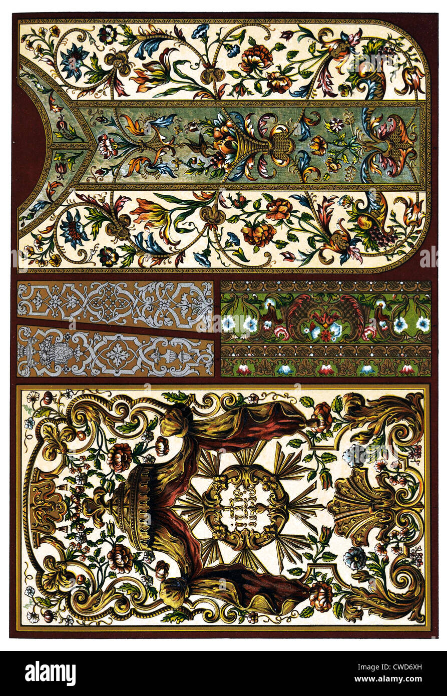 XVII. and XVIII. Century embroidery pressed leather wall coverings and gold work Stock Photo