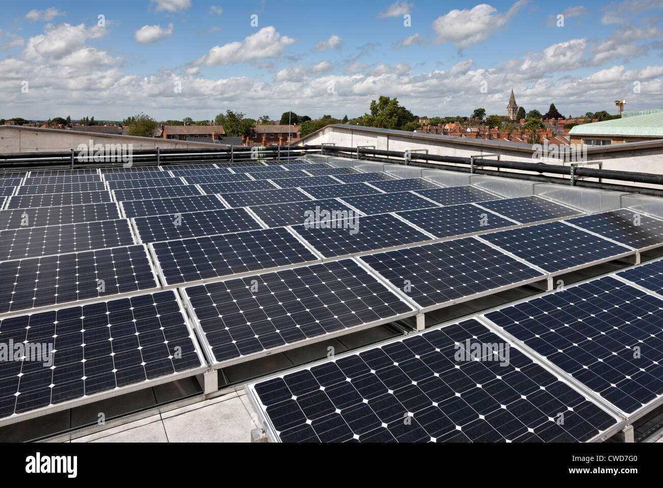 solar panels on the roof of the Jericho Health Centre in New Radcliffe House, Oxford. Stock Photo