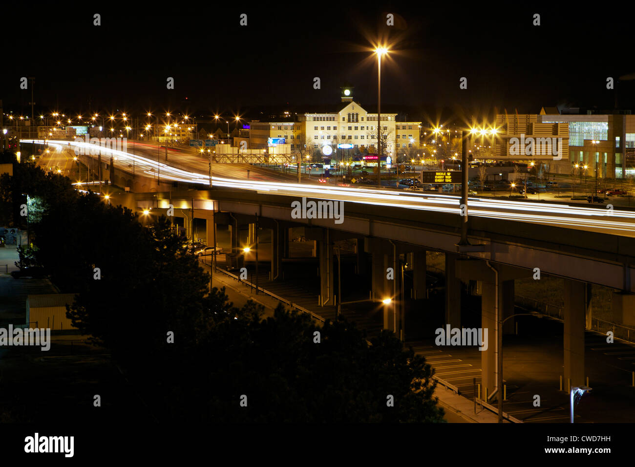 Light trails from cars on interstate 196 in downtown Grand Rapids