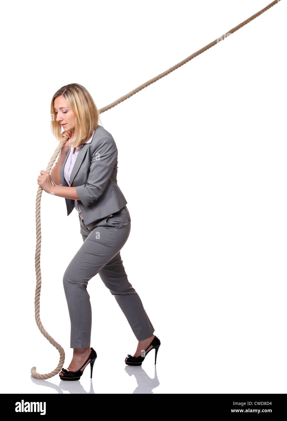 young businesswoman pull rope isolated on white Stock Photo - Alamy