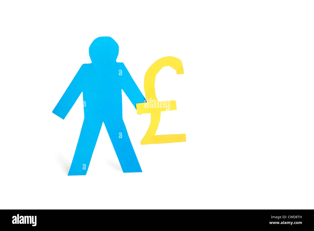 A blue stick figure holding pound sign over white background Stock Photo