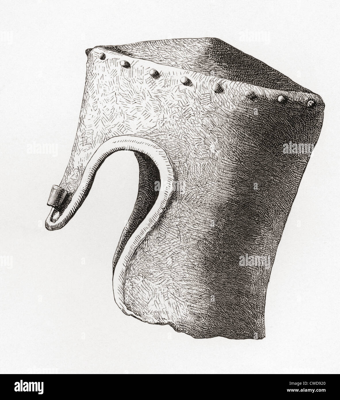 Thirteenth century Cylindrical Flat-topped Helmet with Nasal, dug up at Montgomery Castle in 1841. Stock Photo