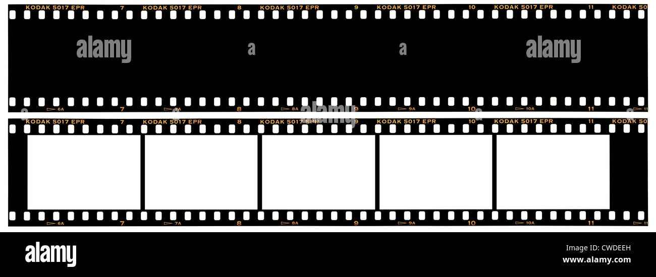 35mm film strip rebates 1 version showing frames & 1 as black base. Kodak Ektachrome EPR film is printed & frame numbers on both Stock Photo