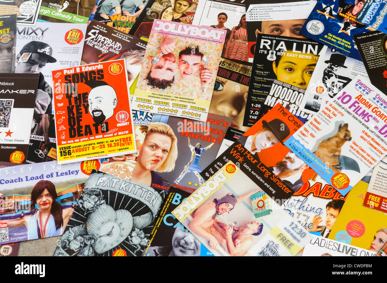 Lots of leaflets for shows at the Edinburgh Fringe Festival including comedy, cabaret, singing and dance Stock Photo