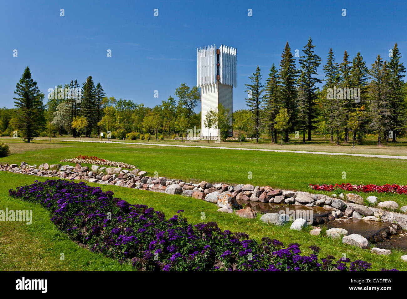 The floral gardens Carillon tower at the International Peace Park on the border between Manitoba and North Dakota. Stock Photo