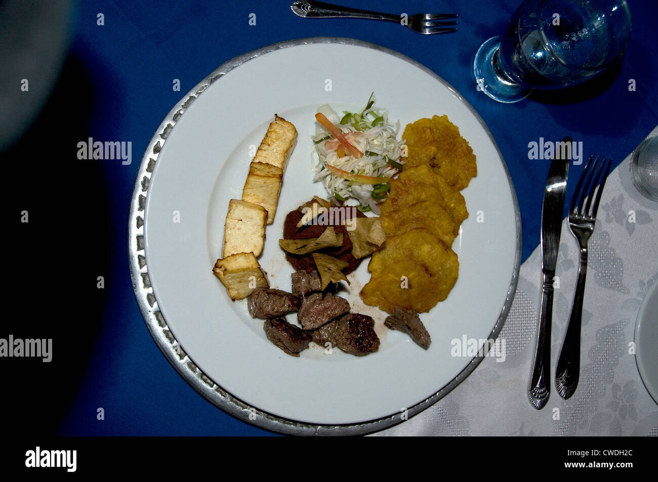 A dinner of La Blancha steak from the Marina Puesta del Sol resort's yacht club restaurant on the Pacific coast of Nicaragua. Stock Photo