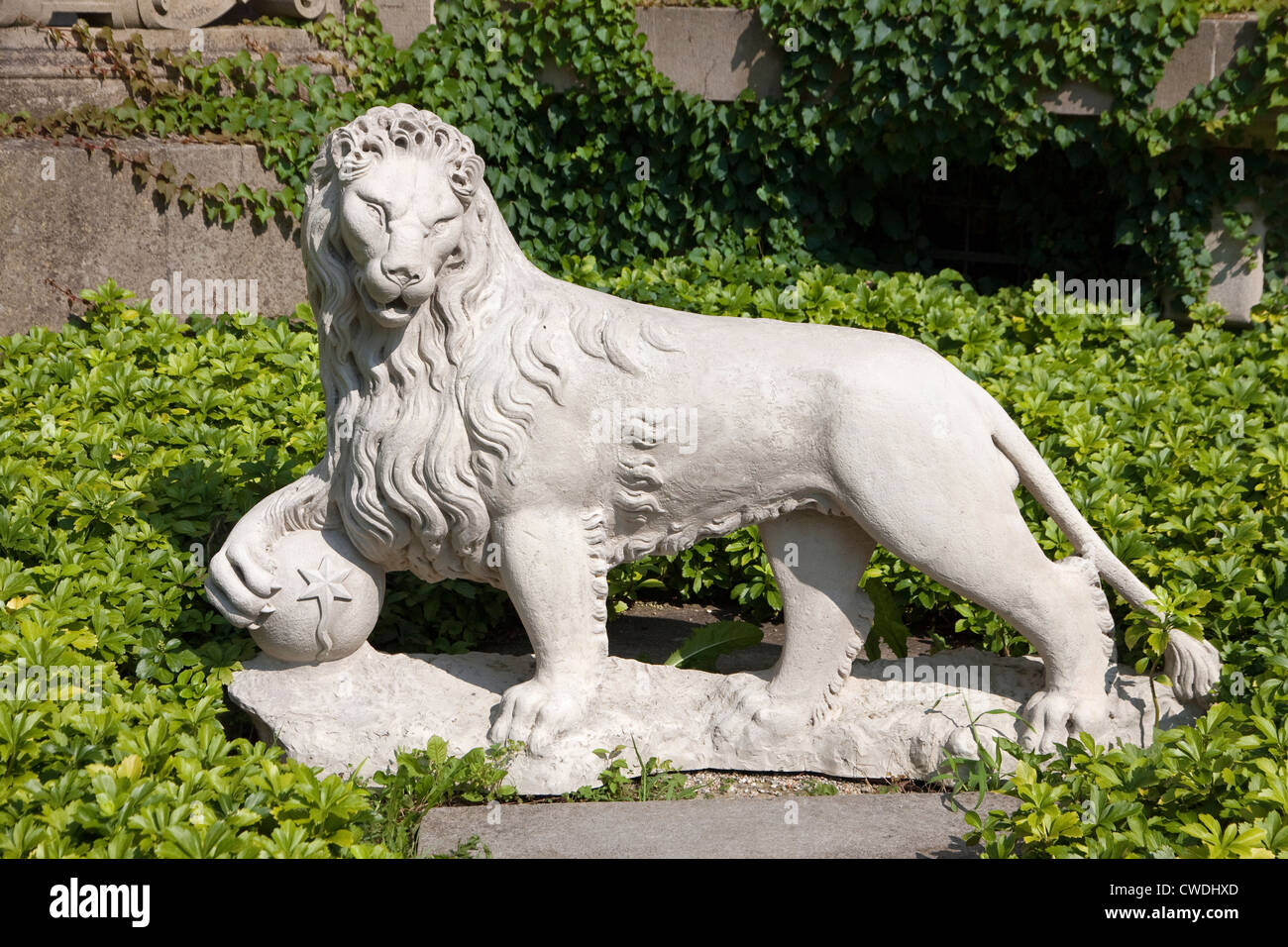 Lion statue at The Breakers Mansion in Newport, Rhode Island. Stock Photo