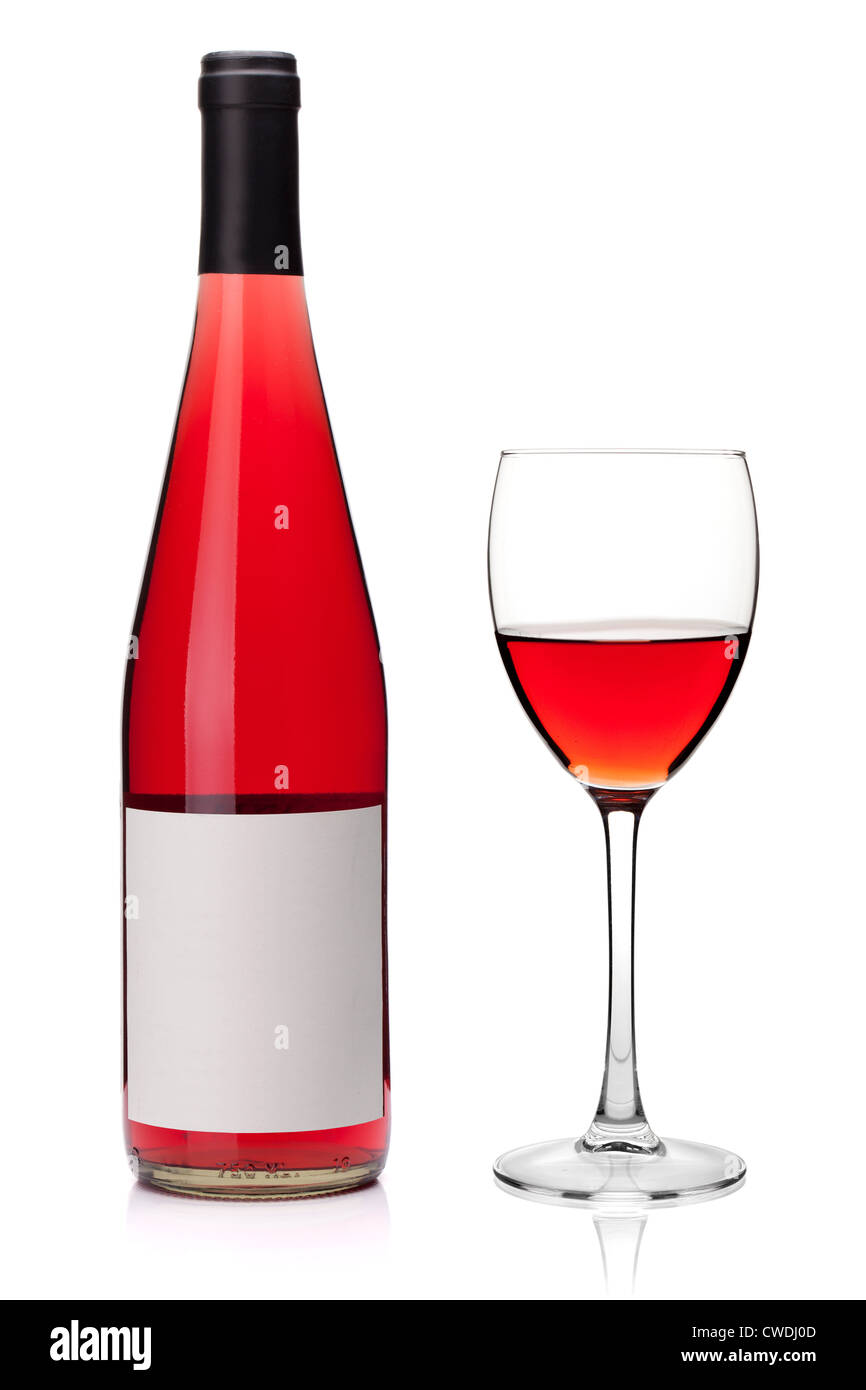Rose wine in a glass and bottle. Isolated on white background Stock