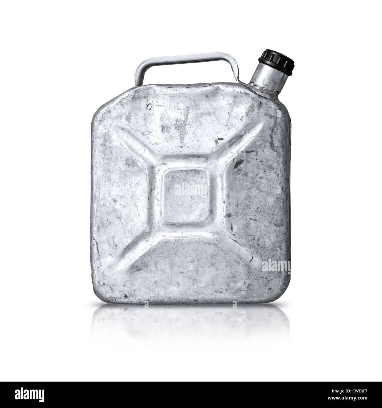 Old metallic gasoline jerry can isolated on white Stock Photo