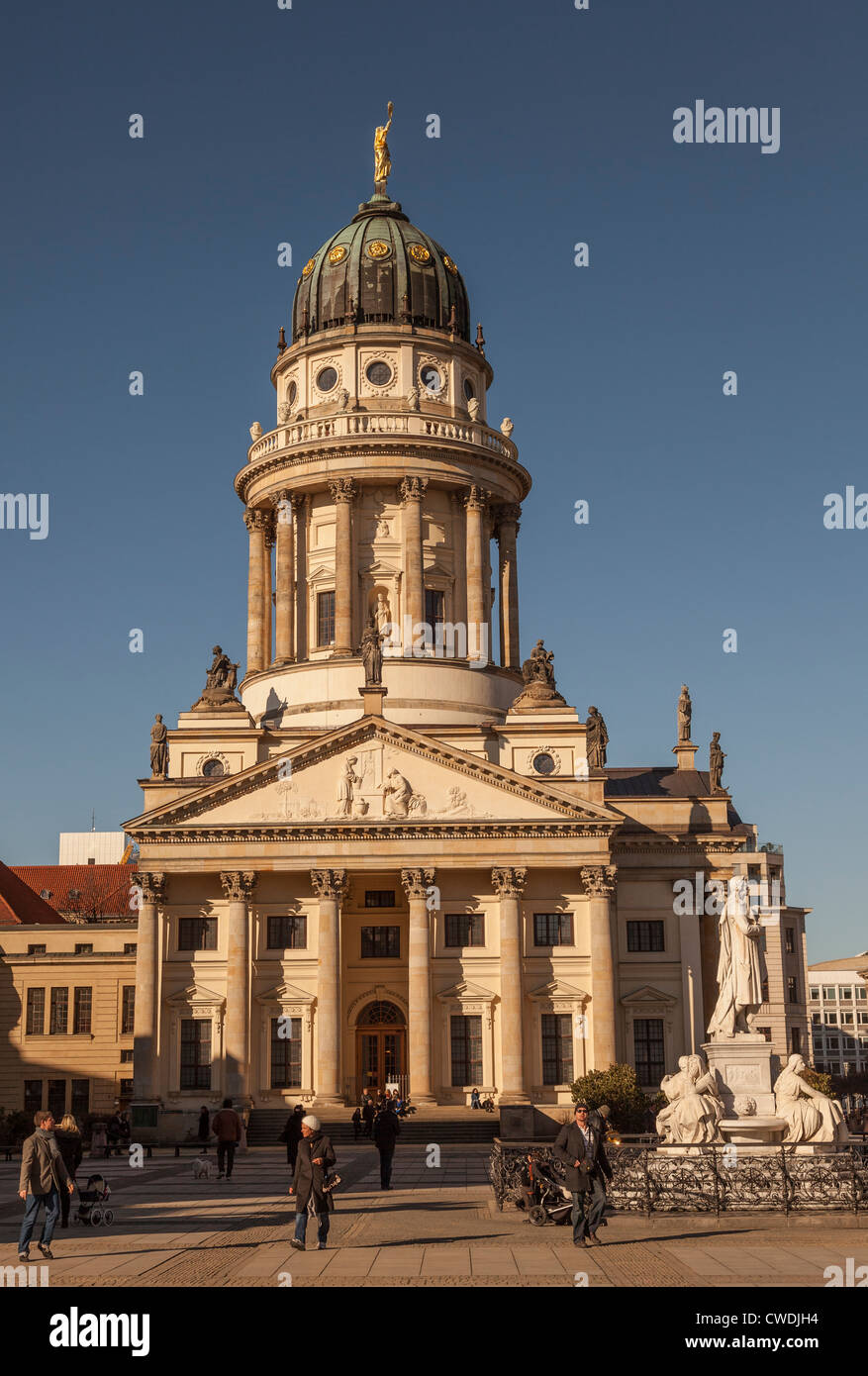 Gendarmenmarkt-The French Cathedral and statue of Germany's poet Friedrich Schiller,Berlin,Germany Stock Photo