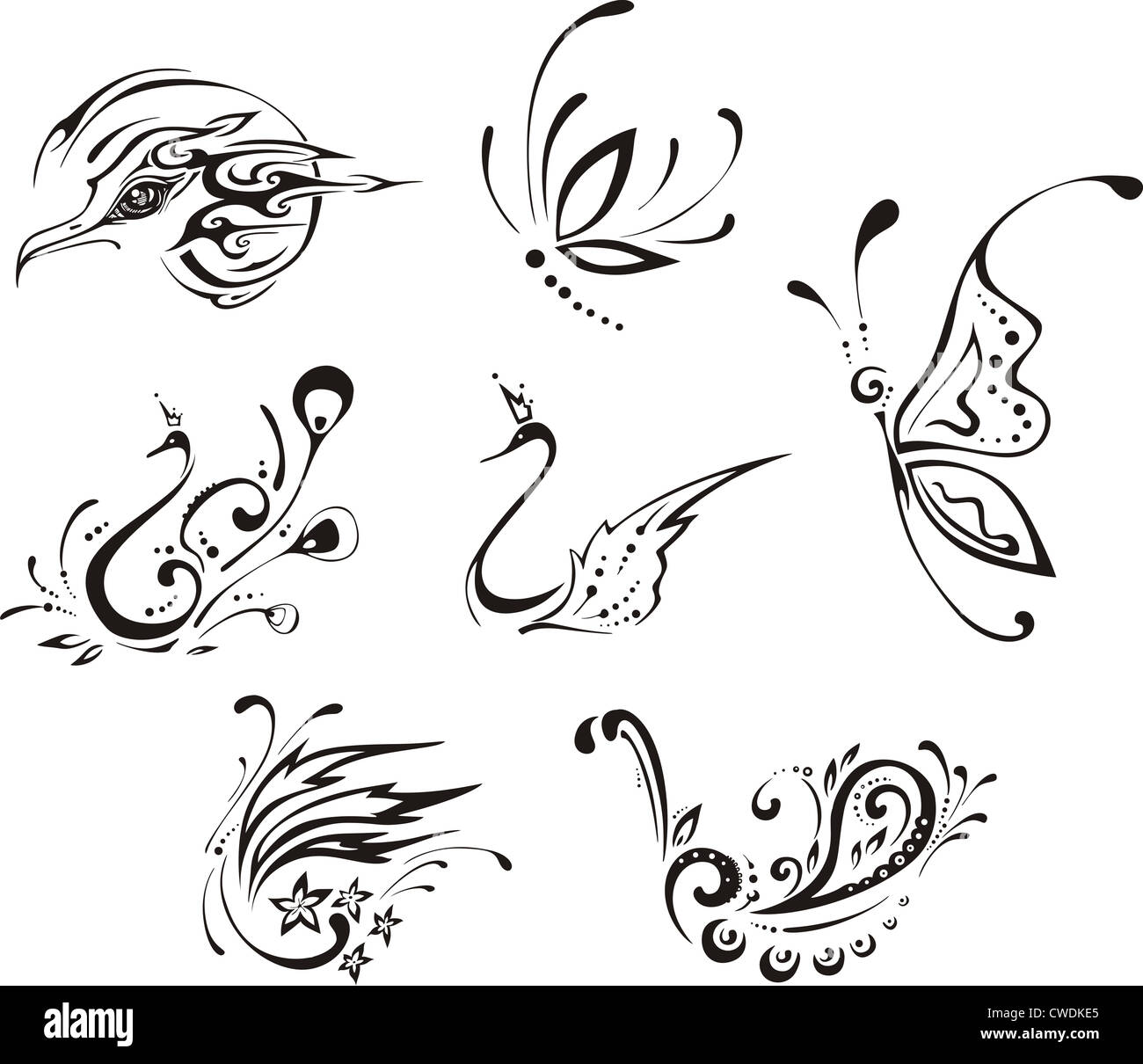 Stylized butterflies and birds. Set of black and white vector ...