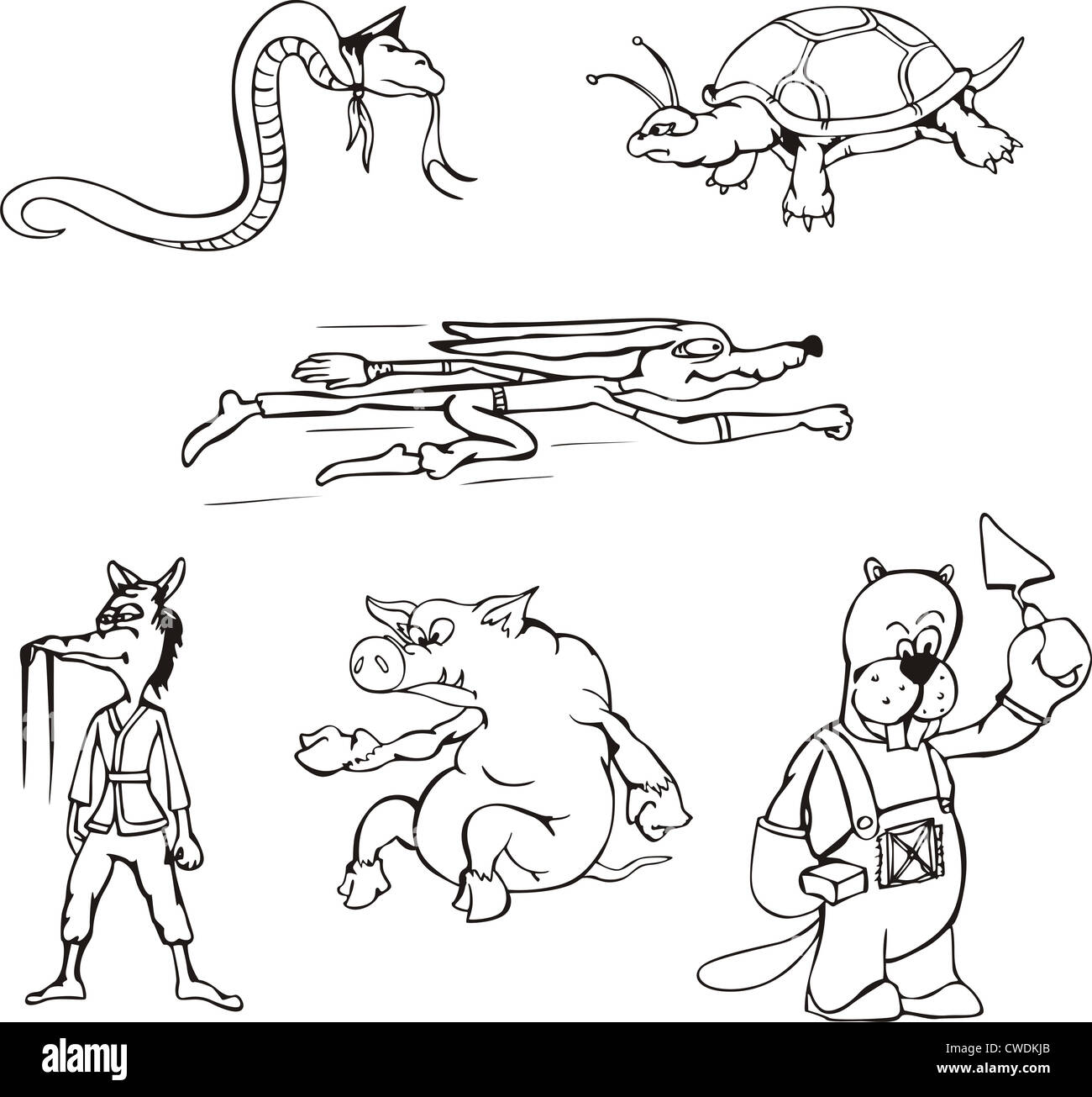 Animal Cartoon Characters. Set of black and white vector illustrations