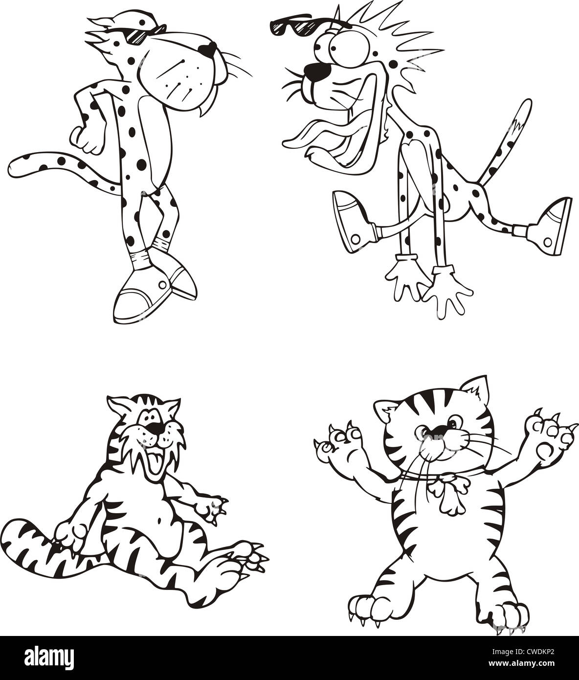 Leopard and Cat Cartoon Characters. Set of black and white vector illustrations. Stock Photo