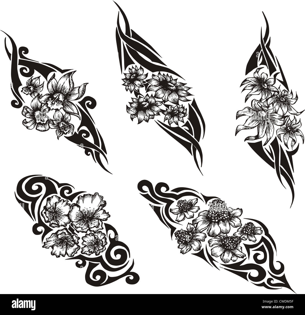 Tribal Flower Tattoos. Set of black and white vector illustrations