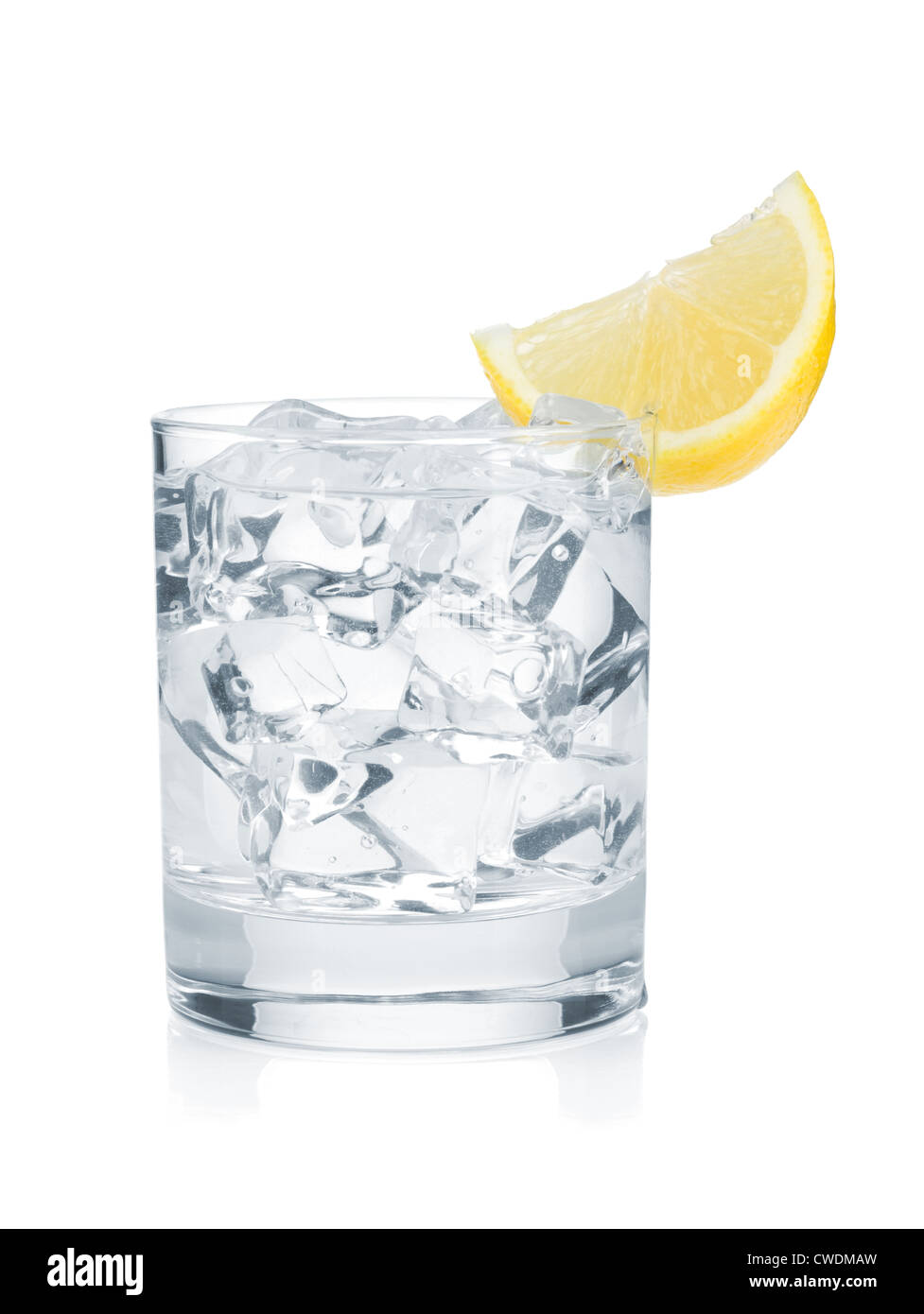 Glass of pure water with ice cubes and lemon slice. Isolated on white ...