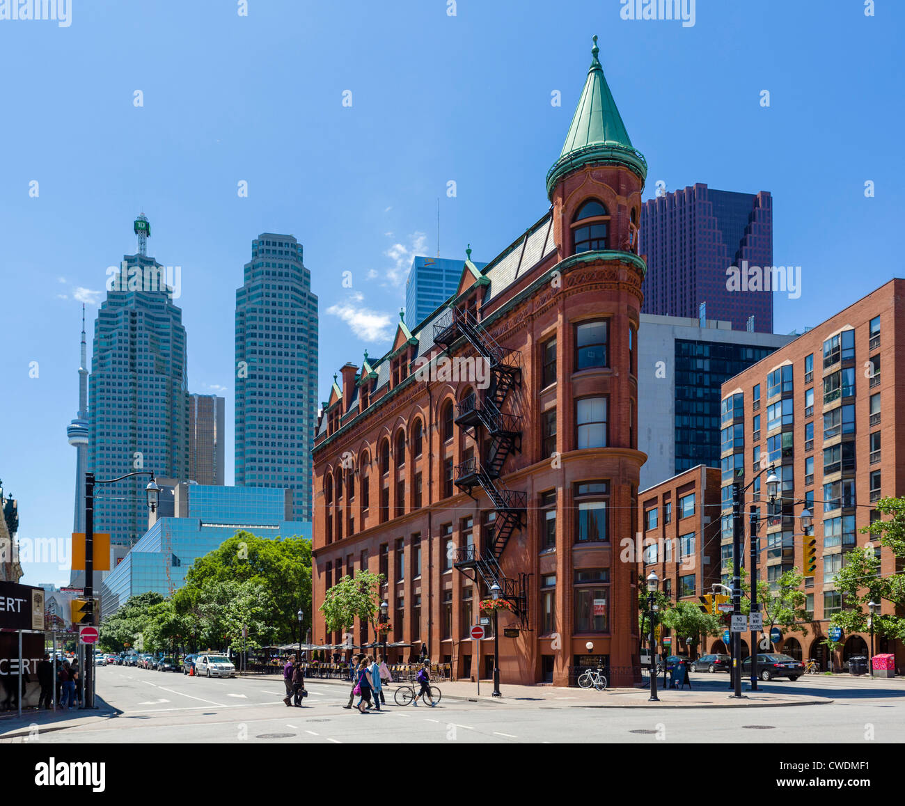 View down Front Street towards financial district with Gooderham Building (Flatiron Building) to right, Toronto, Ontario, Canada Stock Photo