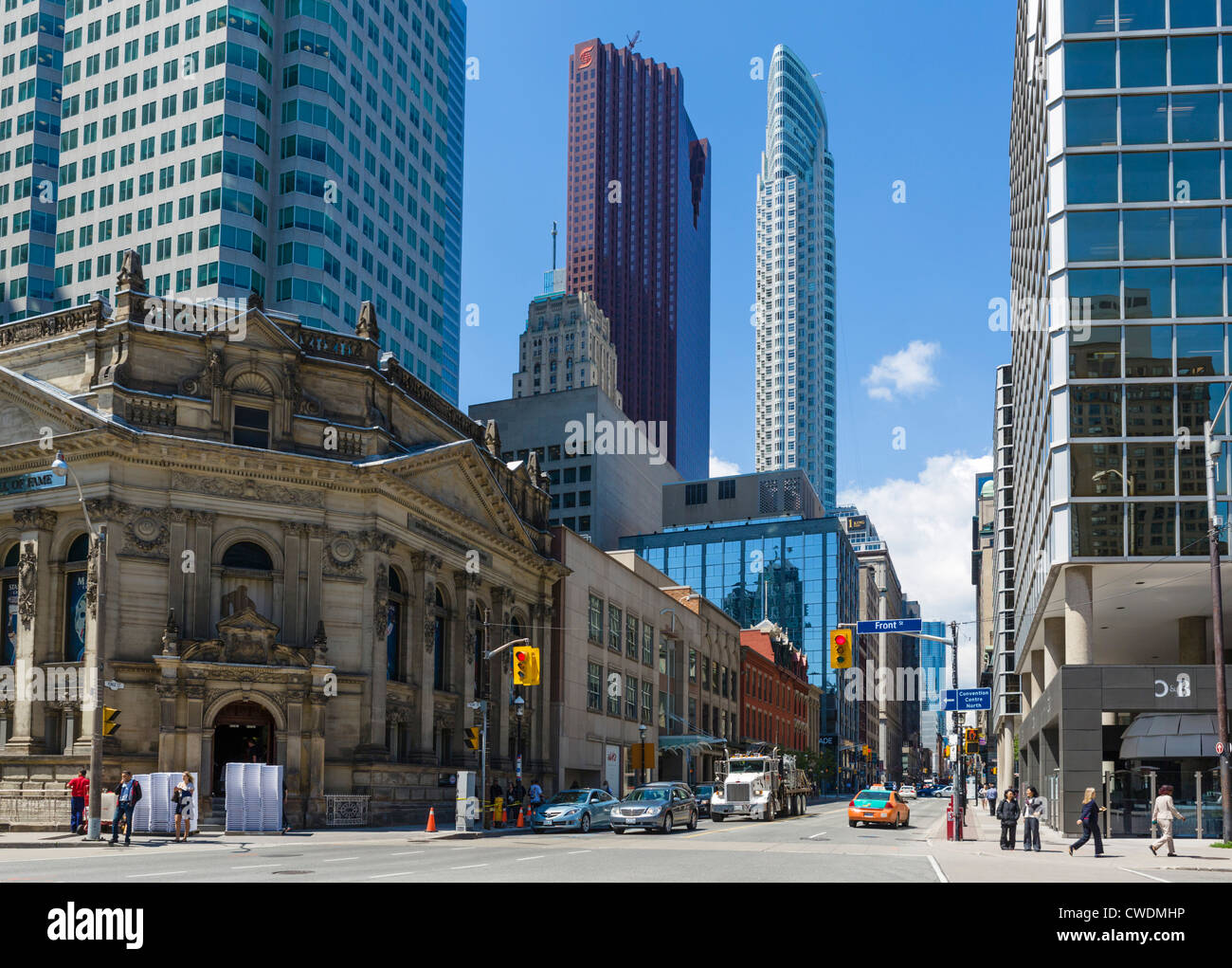 View down Yonge Street at intersection with Front Street in financial district with Hockey Hall of Fame to left, Toronto, Canada Stock Photo
