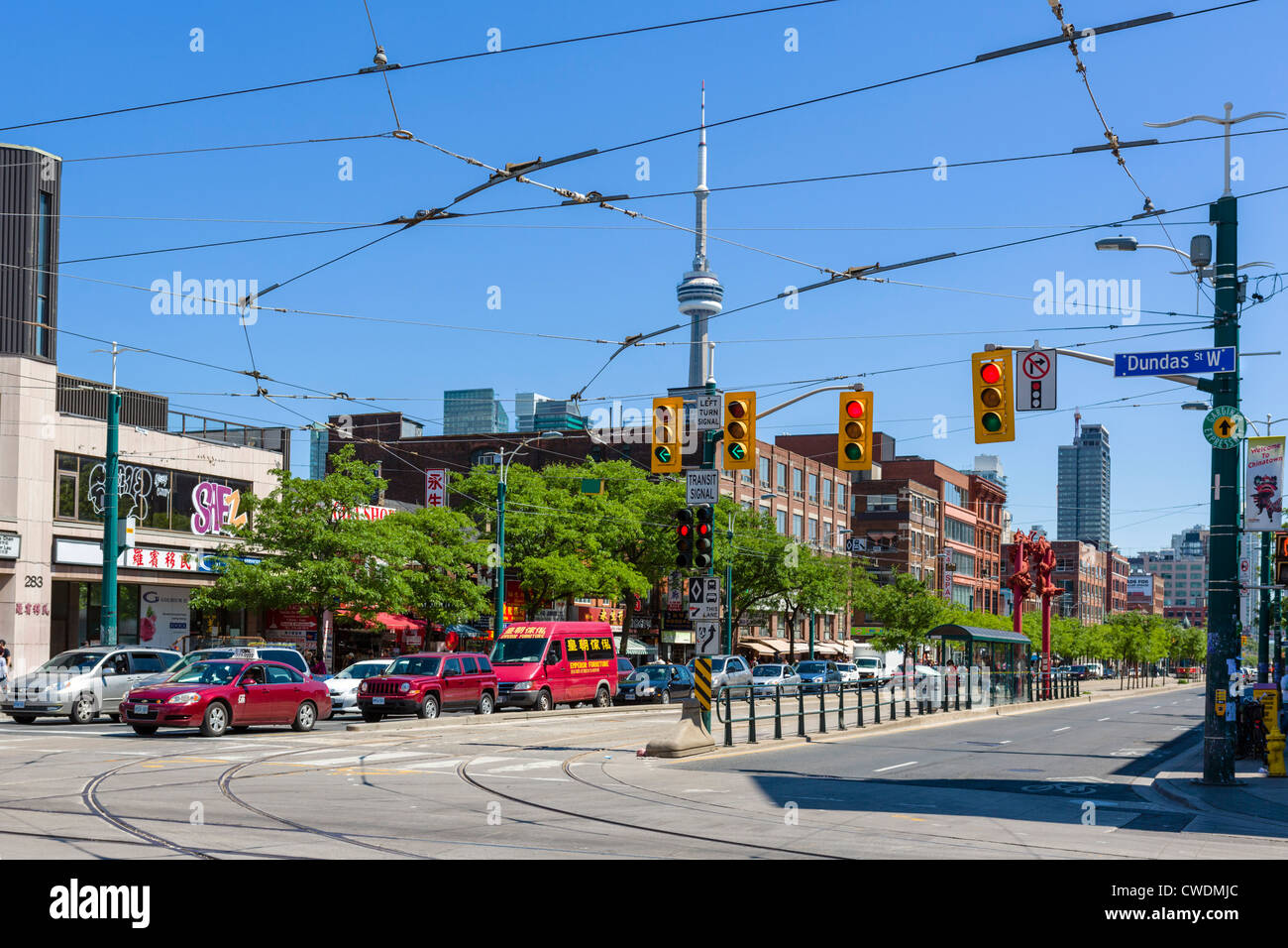 The CN Tower from the intersection of Dundas Street and Spadina Avenue in Chinatown, Toronto, Ontario, Canada Stock Photo