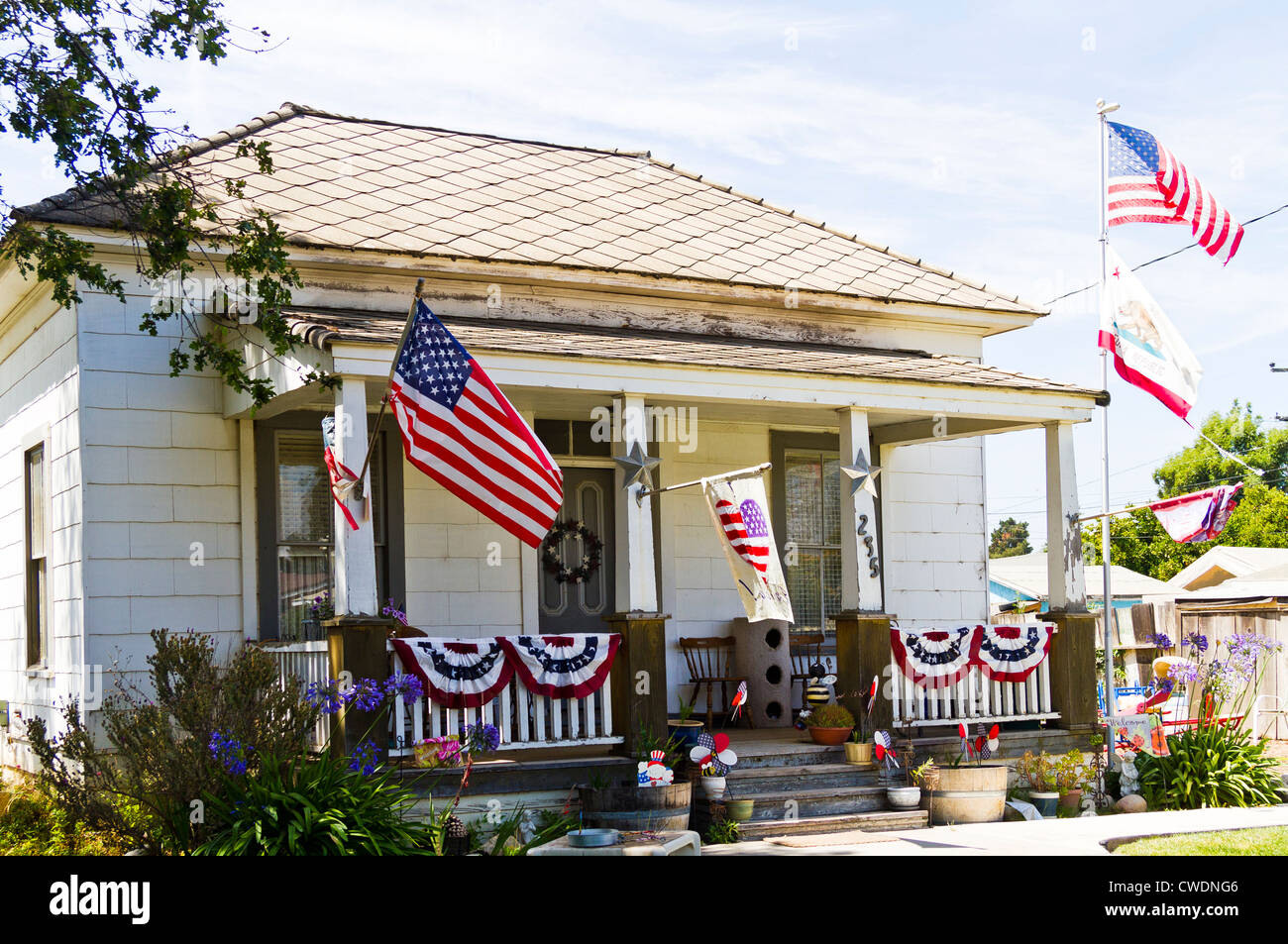 Decorated house bunting flags hi res stock photography and images