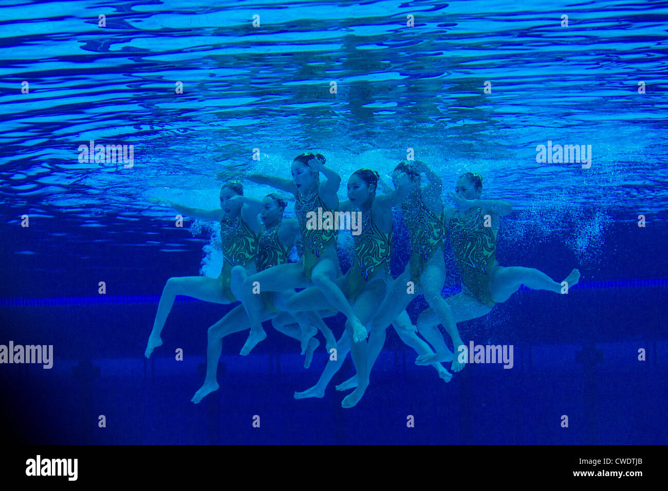 Underwater view of Japanese Synchronized Swimming team at the Olympic Summer Games, London 2012 Stock Photo