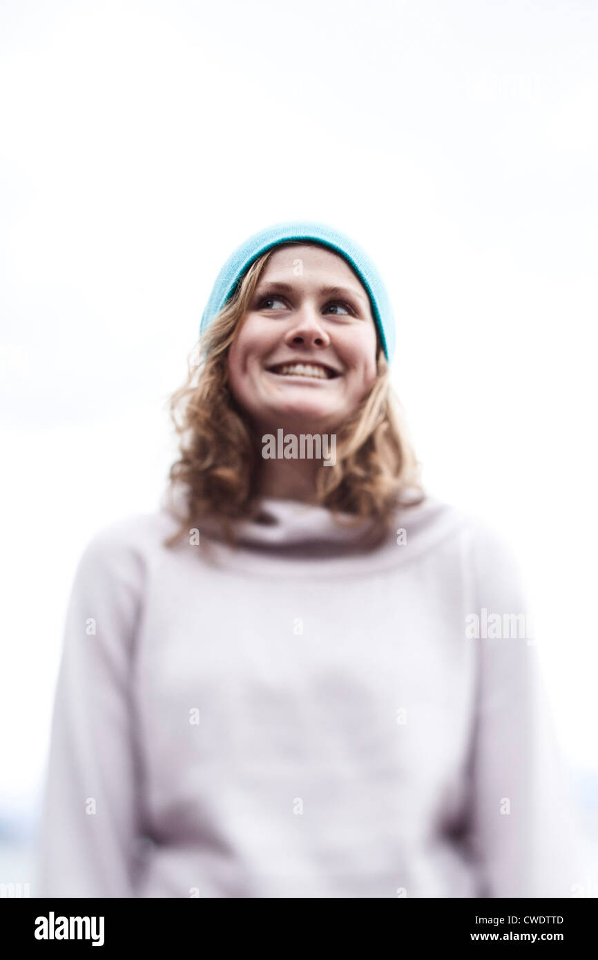 A beautiful young woman smiles for a portrait in Idaho. Stock Photo