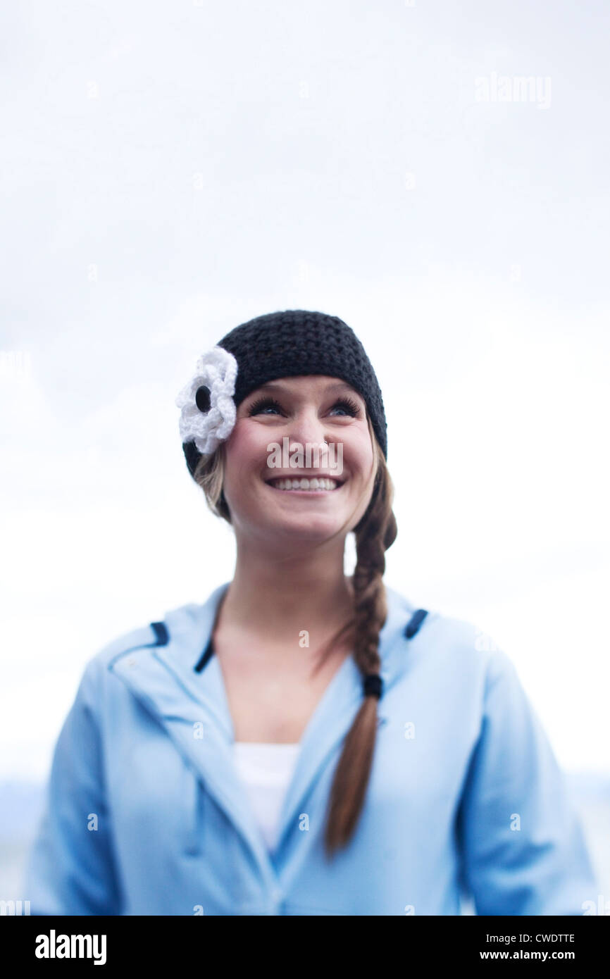 A beautiful young woman smiles for a portrait in Idaho. Stock Photo