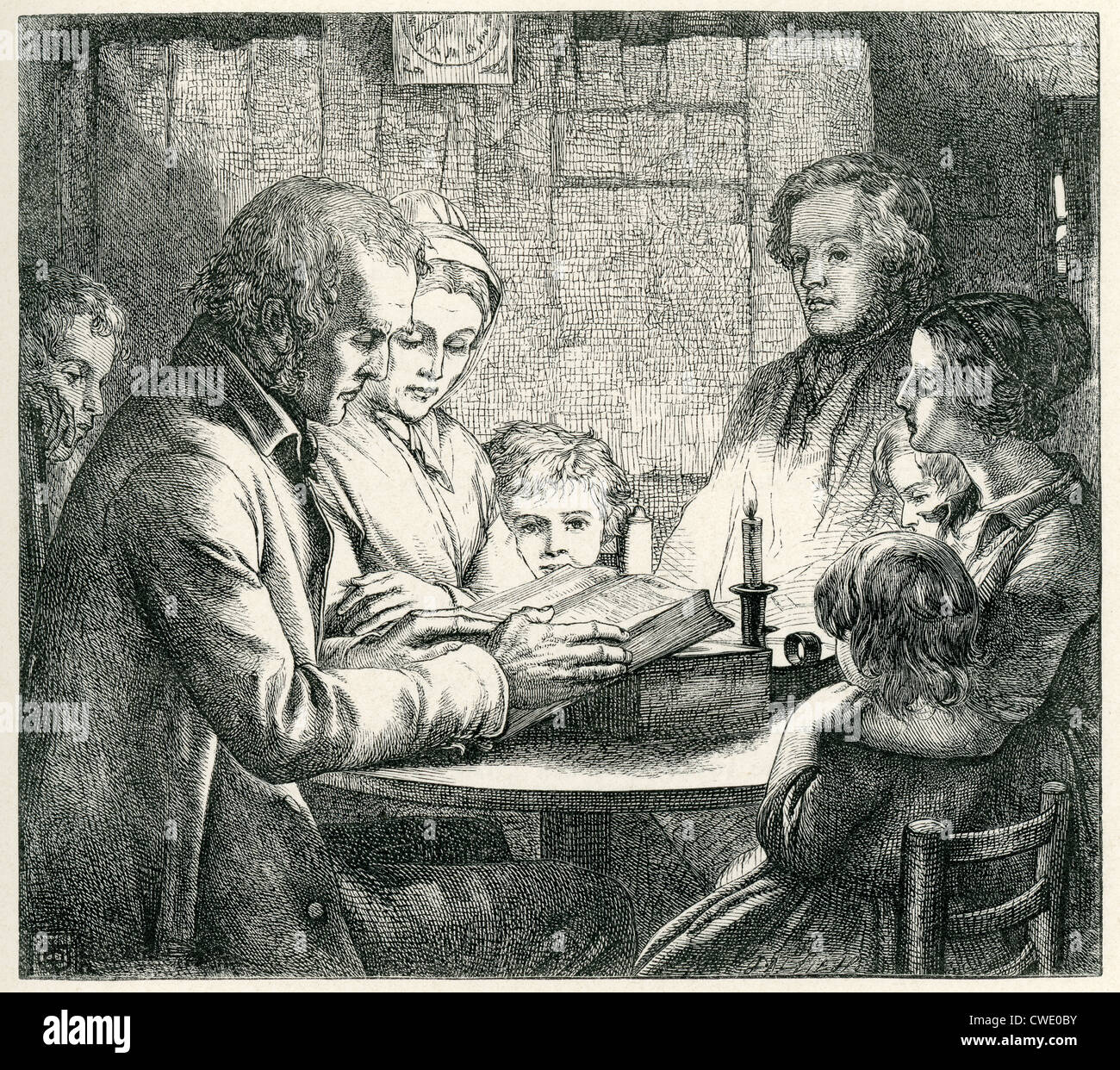 Scene in a Scottish Cottage, by J D Watson. A family reading the bible by candlelight Stock Photo