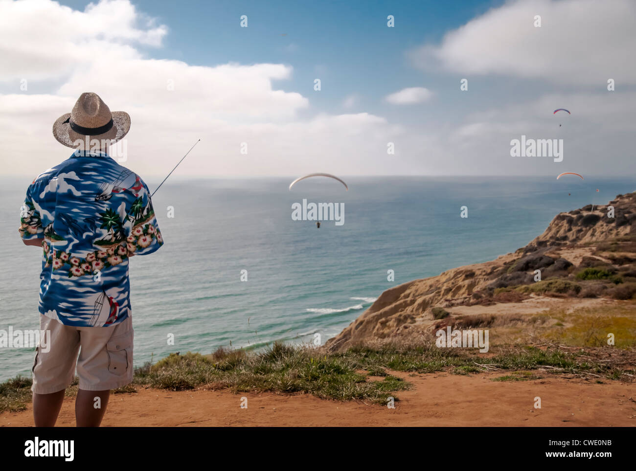 Man controlling a model airplane at Torrey Pines Gliderport, San Diego
