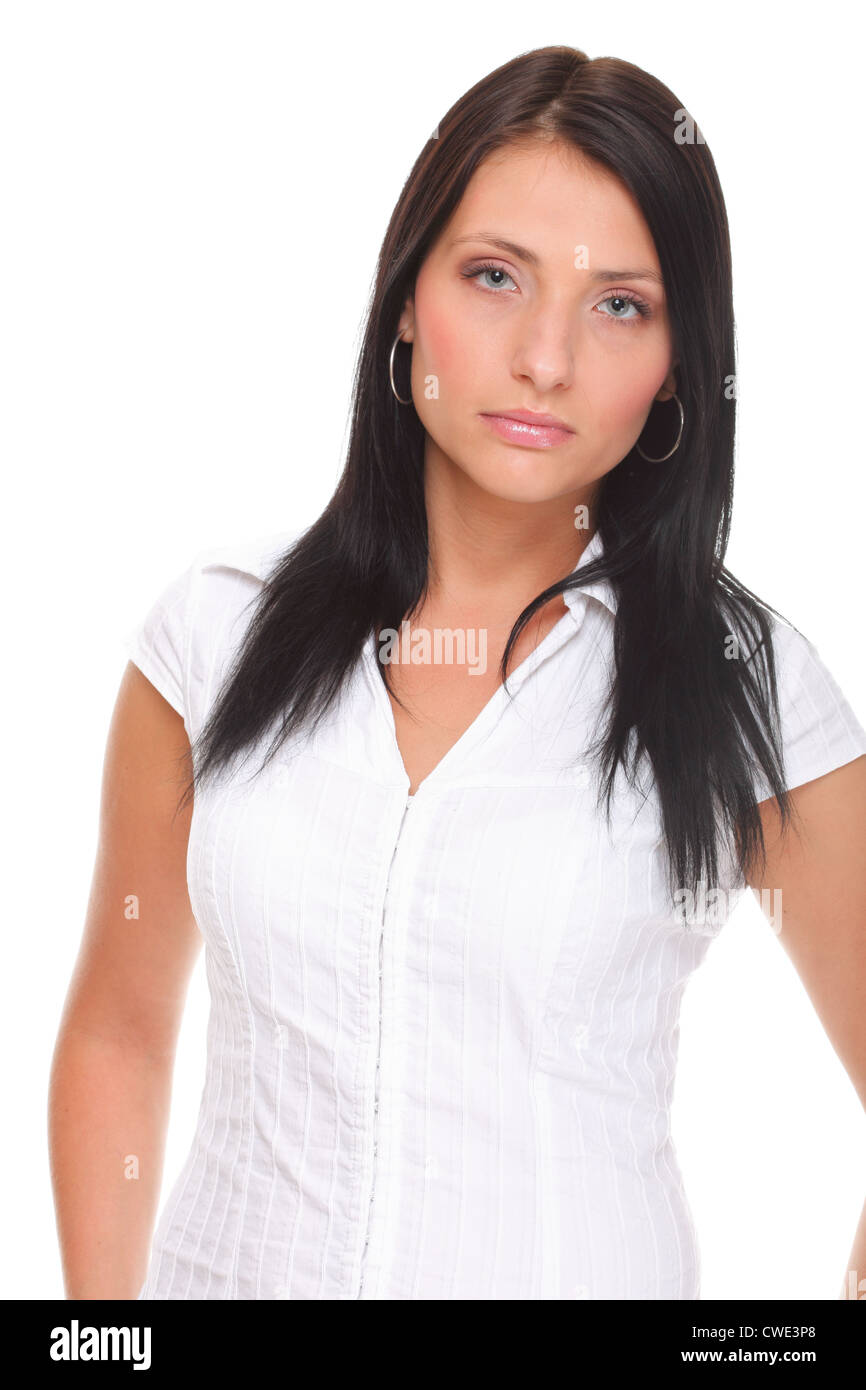 Portrait of a happy young business woman standing white background ...