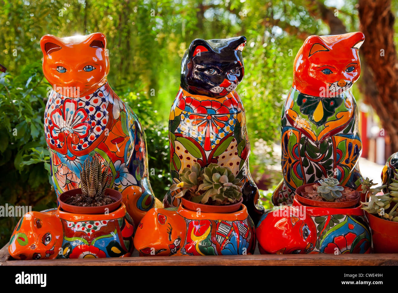 Mexican Colorful Souvenir Ceramic Cats Cactus Pots San Diego California Stock Photo