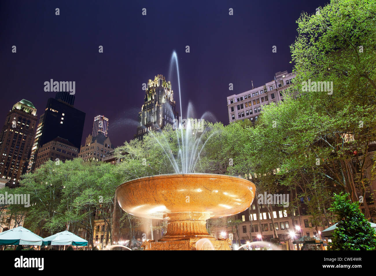 Fountain Bryant Park New York City Apartment Buildings Stars Night