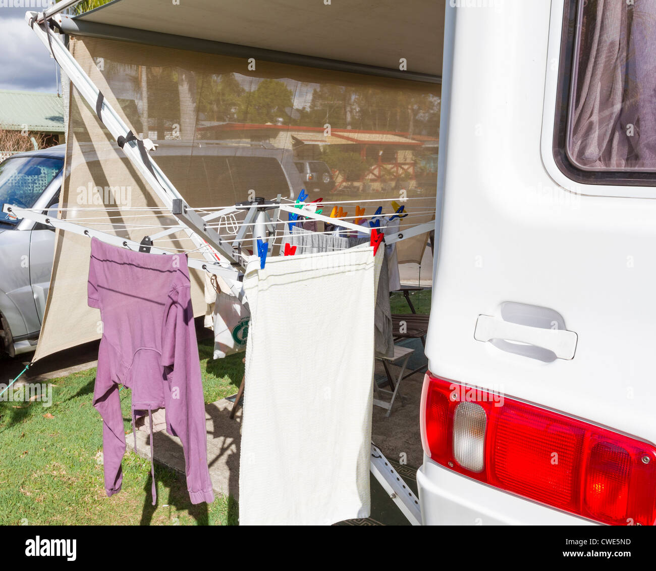 Clothes drying on washing line in caravan park Stock Photo Alamy