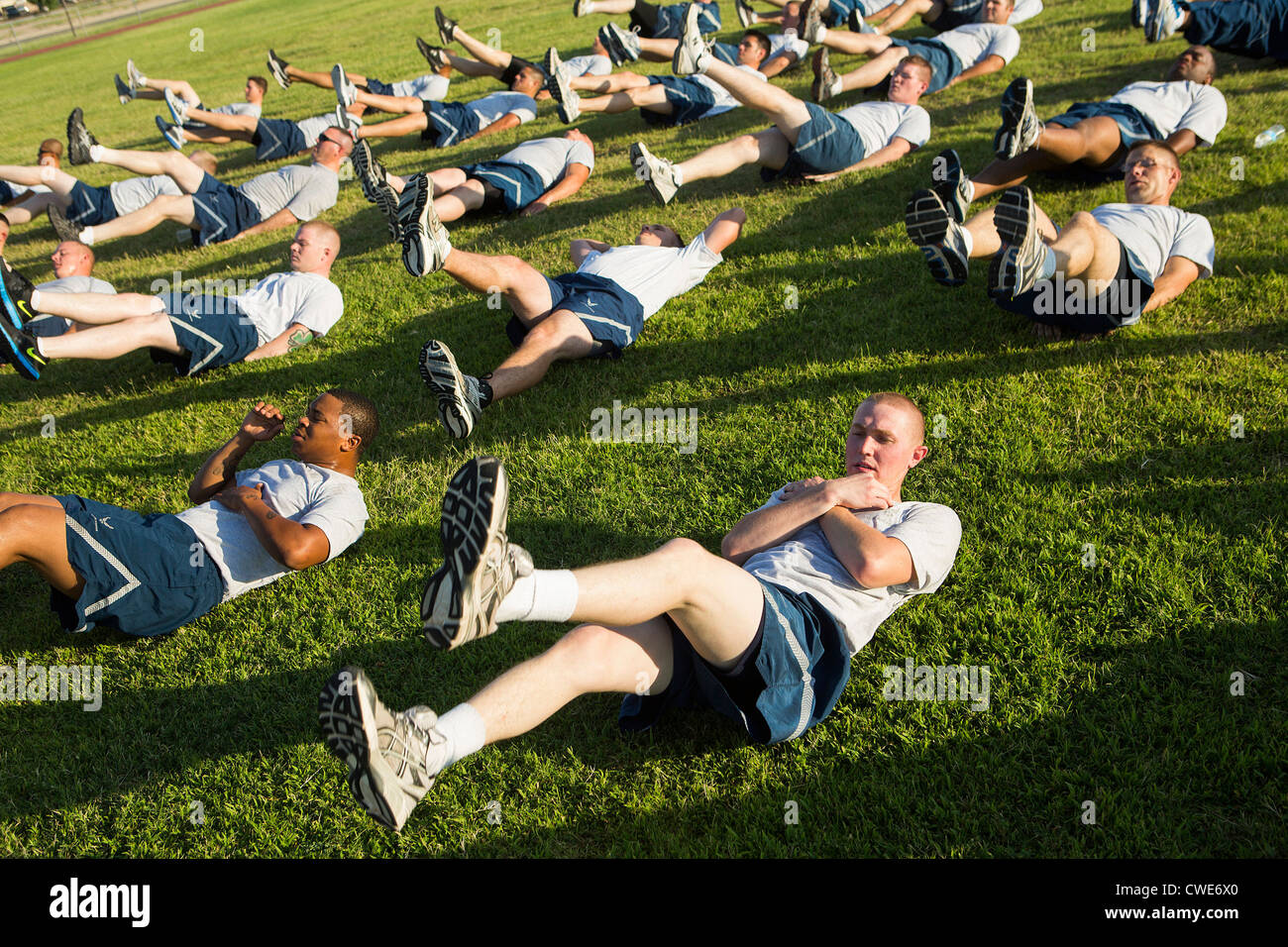 Air Force personnel participate in morning physical training at Davis-Monthan Air Force Base. Stock Photo