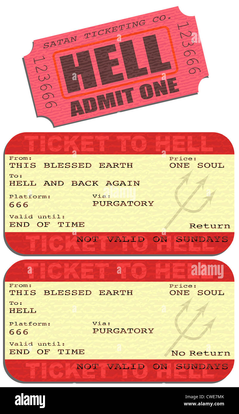 Editable vector illustrations of tickets to Hell Stock Photo