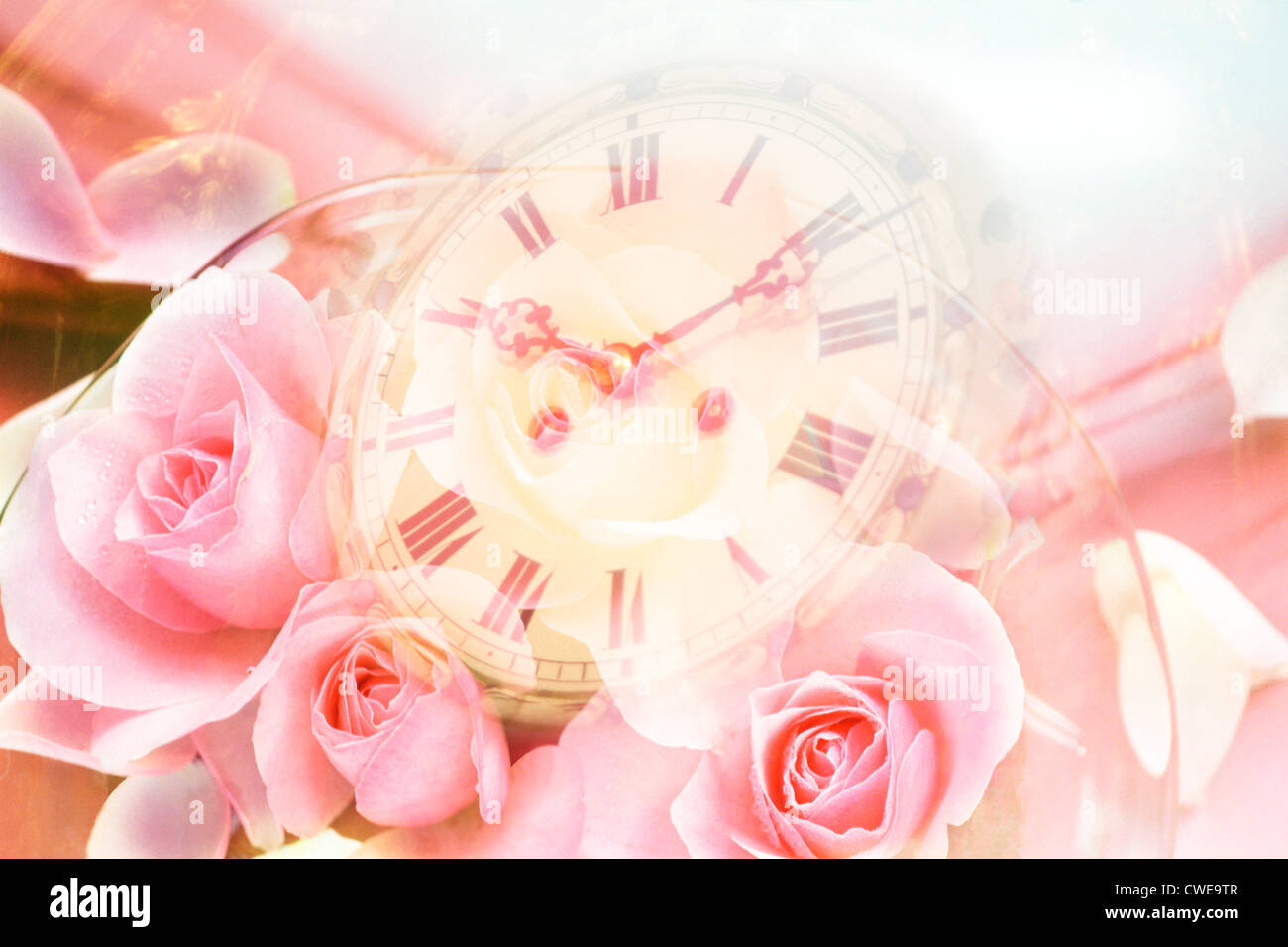 Digitally Altered Image Of Clock And Pink Roses Stock Photo