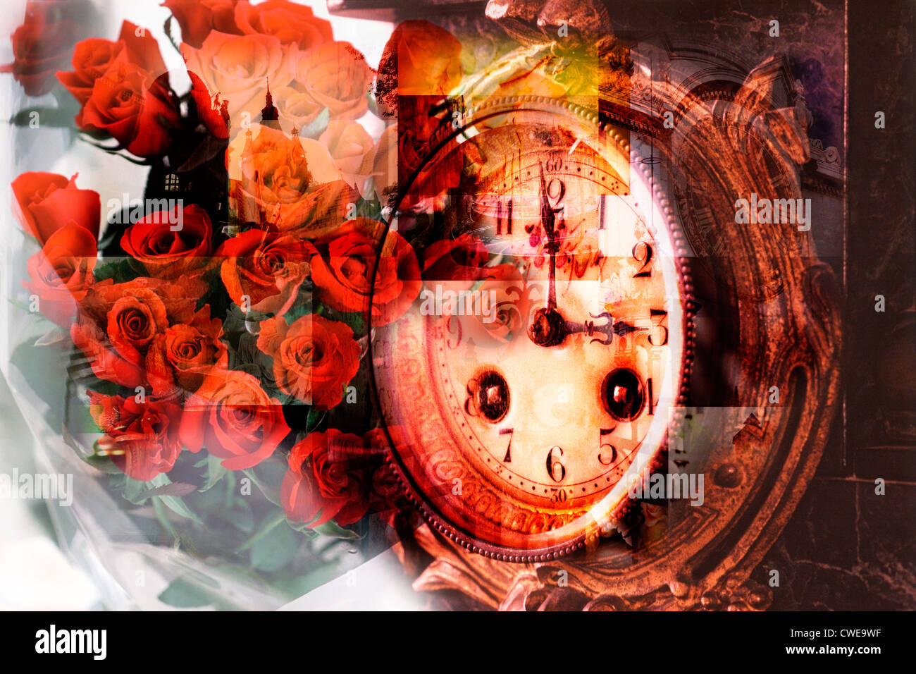 Composite Image Of Vintage Clock And Rose Bunch Stock Photo