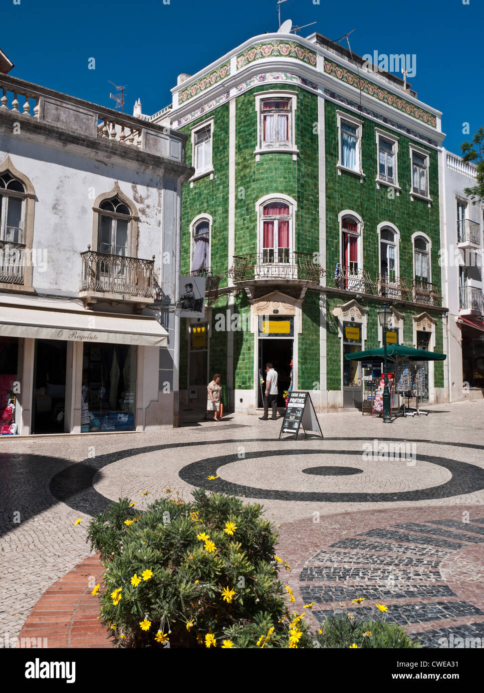 Colourful building covered in green tiles in Lagos, Portugal. Stock Photo