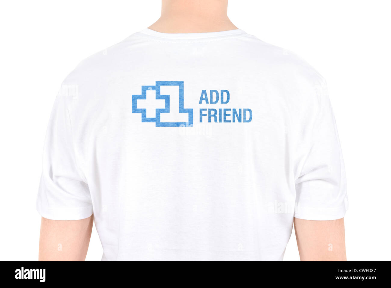 Man with the text "+1 Add friend" is written on a T-shirt concept. Isolated on white. Stock Photo