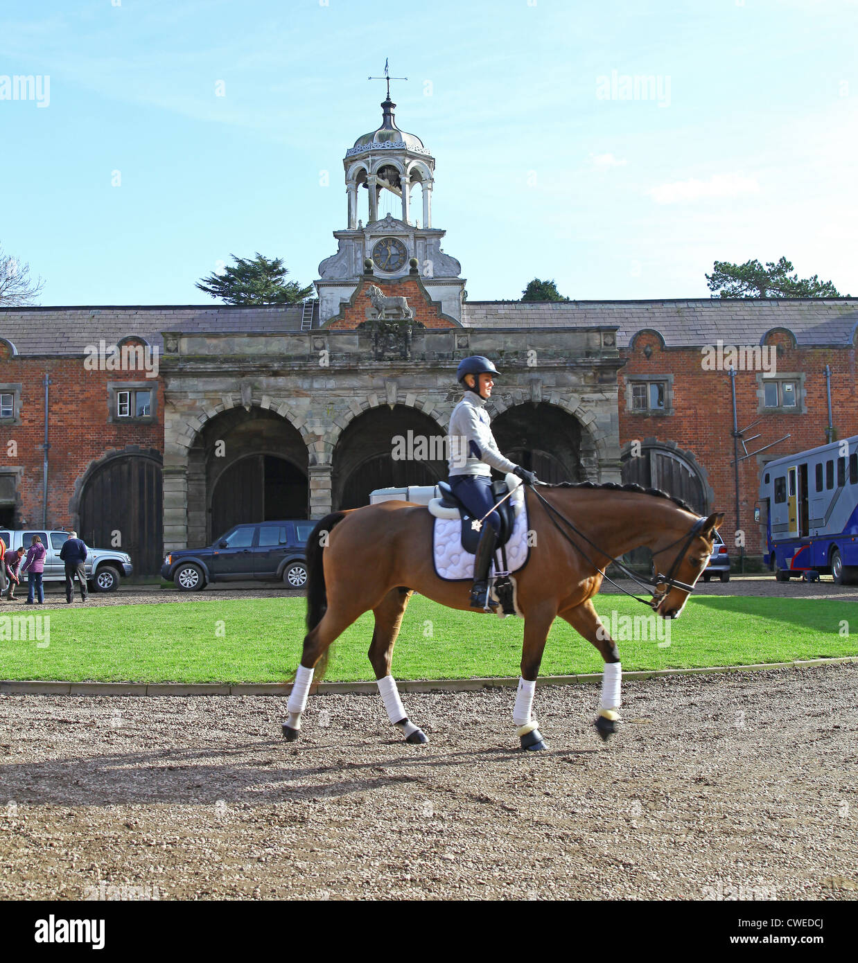 A young woman riding a horse and Horse boxes at Ingestre Hall Stables Ingestre near to Stafford Staffordshire England UK Stock Photo