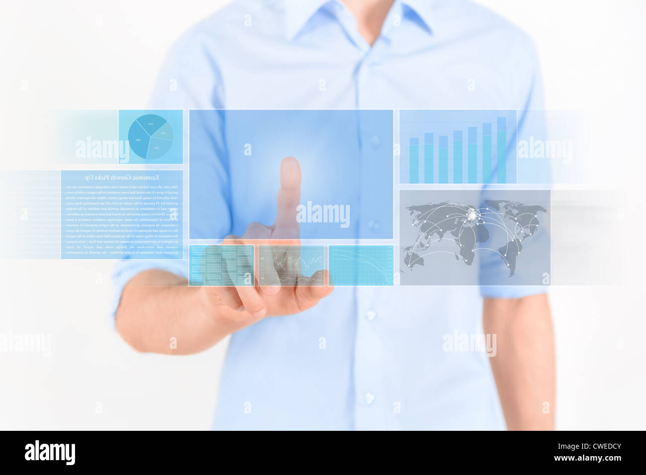 Man touching futuristic touchscreen interface with some graphic, charts and news. Isolated on white. Stock Photo